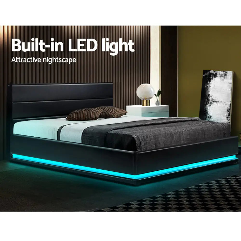 Artiss Bed Frame Double Size LED Gas Lift Black LUMI - Furniture > Bedroom