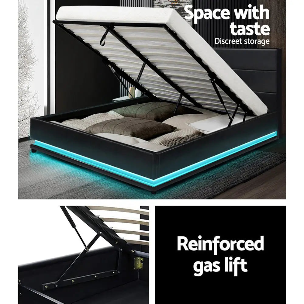 Artiss Bed Frame Double Size LED Gas Lift Black LUMI - Furniture > Bedroom