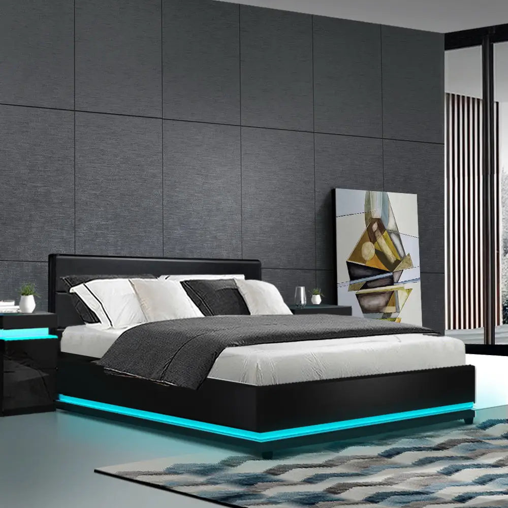 Artiss Bed Frame Double Size LED Gas Lift Black LUMI - Furniture > Bedroom