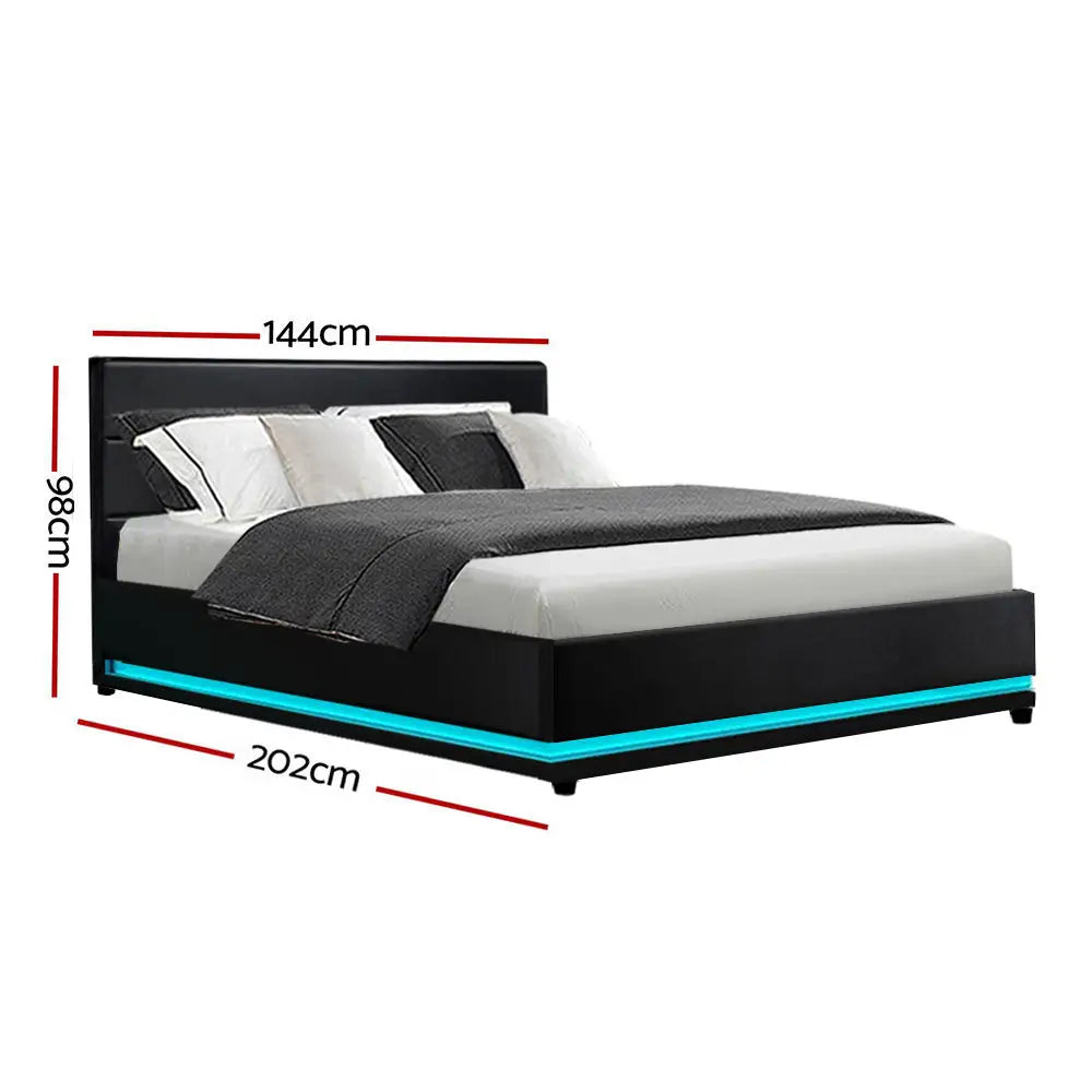 Artiss Bed Frame Double Size LED Gas Lift Black LUMI - Furniture > Bedroom