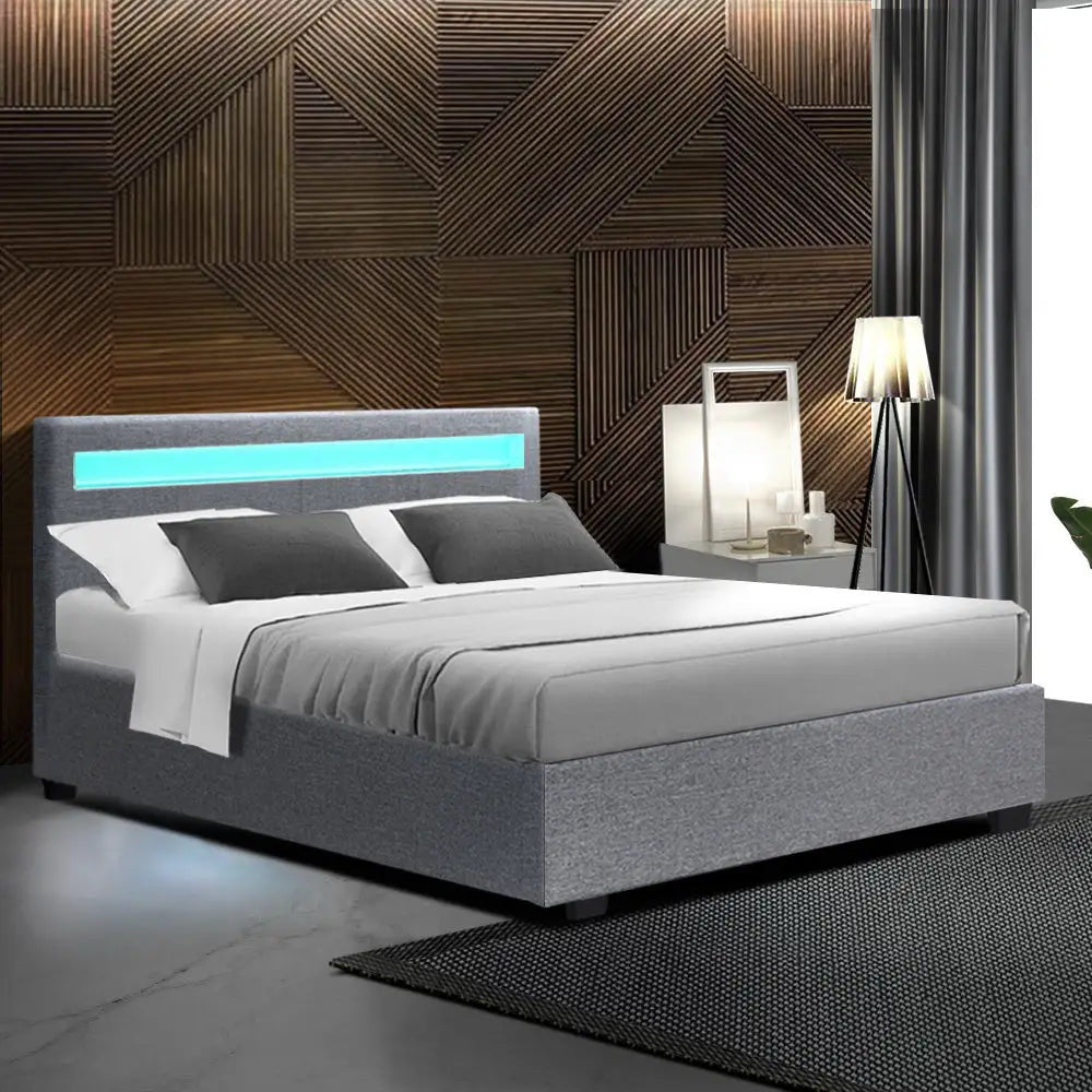 Artiss Bed Frame Double Size LED Gas Lift Grey COLE - Furniture > Bedroom