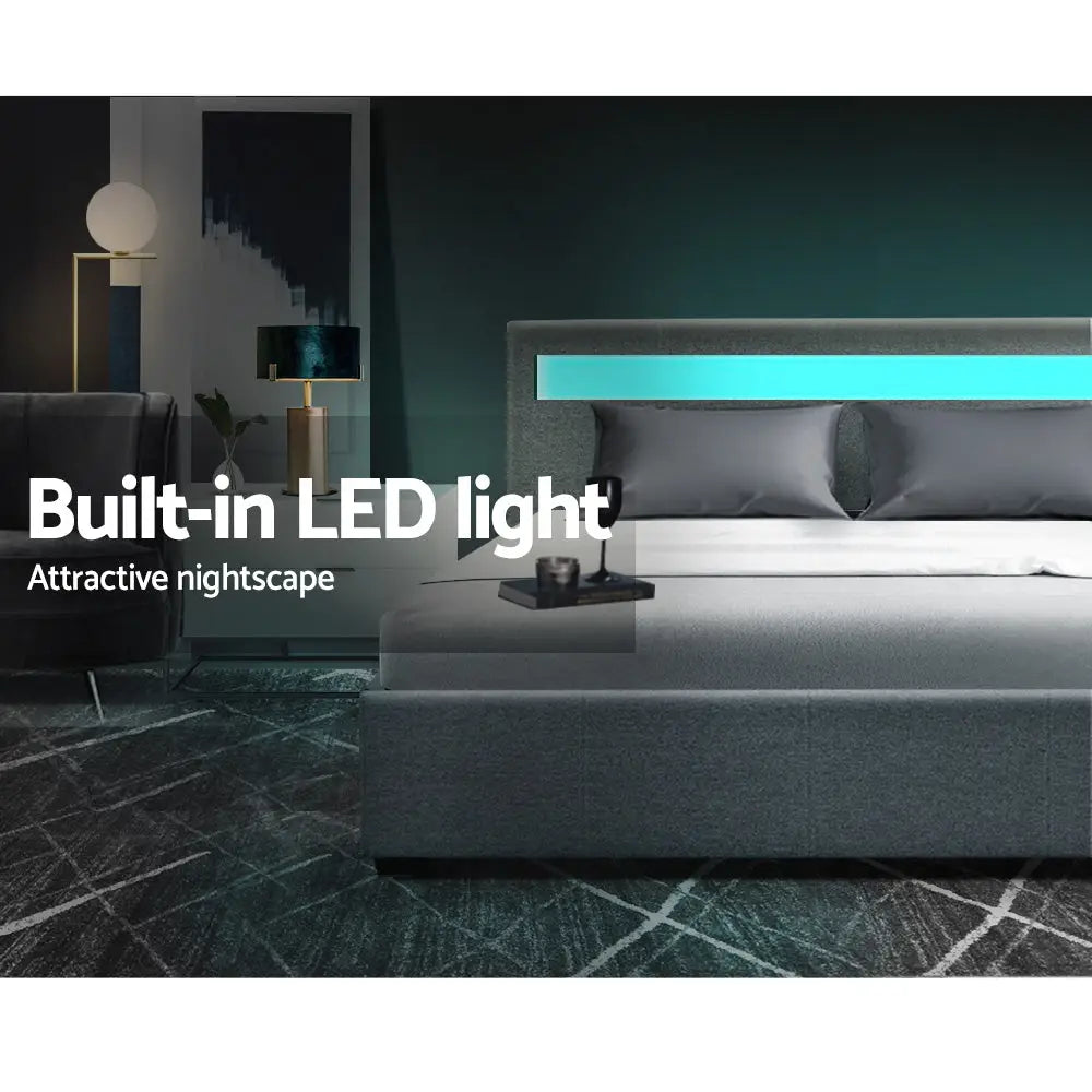 Artiss Bed Frame Double Size LED Gas Lift Grey COLE - Furniture > Bedroom