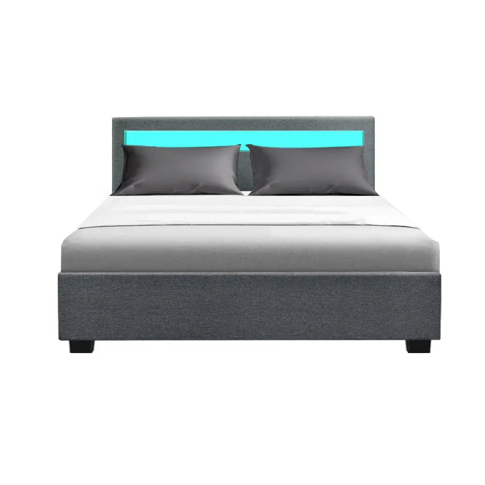 Artiss Bed Frame Double Size LED Gas Lift Grey COLE - Furniture > Bedroom