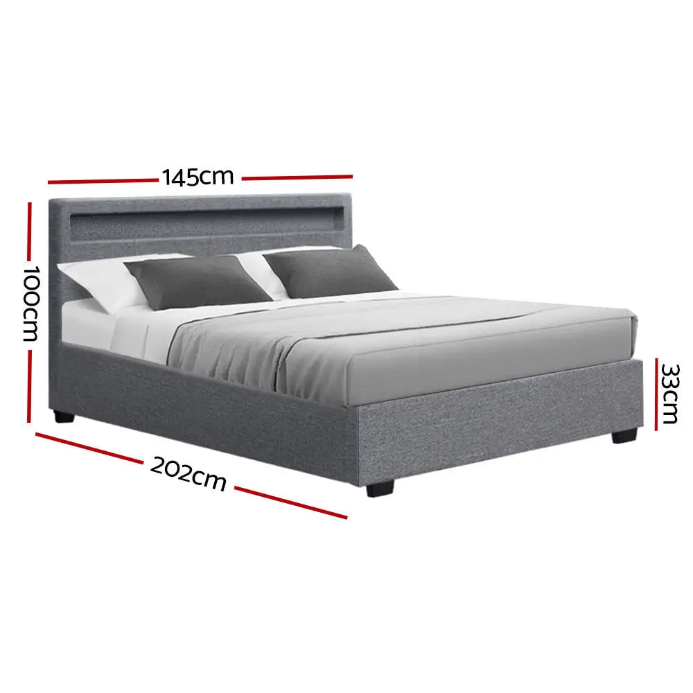 Artiss Bed Frame Double Size LED Gas Lift Grey COLE - Furniture > Bedroom