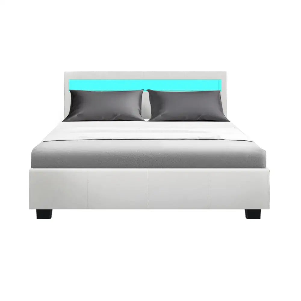 Artiss Bed Frame Double Size LED Gas Lift White COLE - Furniture > Bedroom