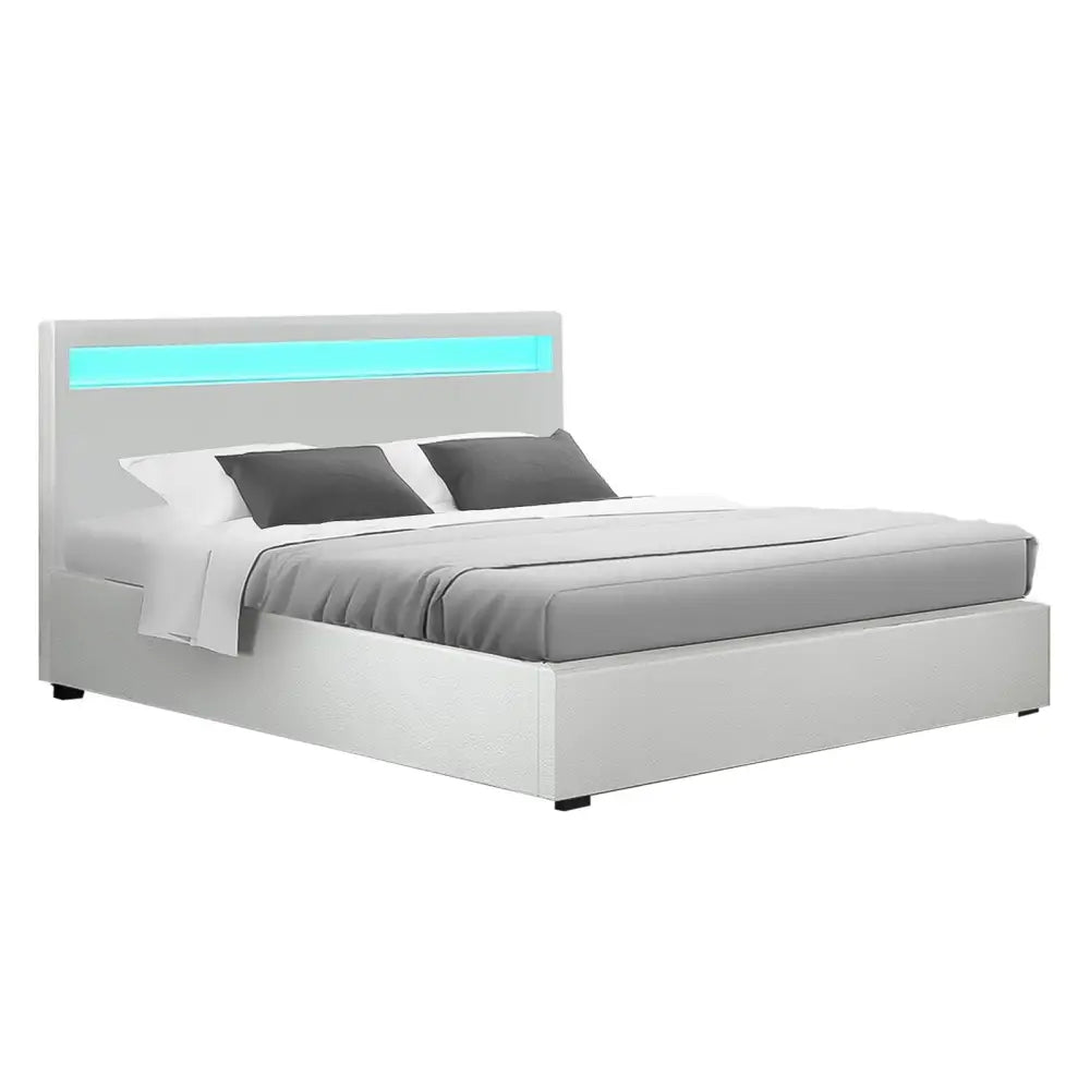 Artiss Bed Frame Double Size LED Gas Lift White COLE - Furniture > Bedroom