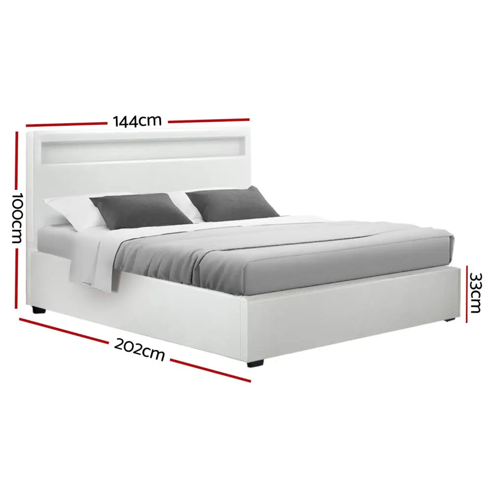 Artiss Bed Frame Double Size LED Gas Lift White COLE - Furniture > Bedroom