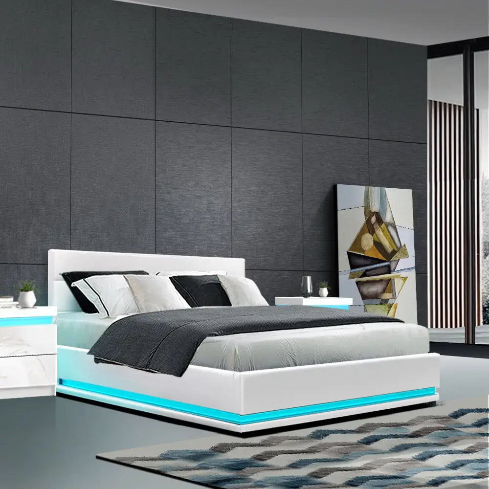 Artiss Bed Frame Double Size LED Gas Lift White LUMI - Furniture > Bedroom