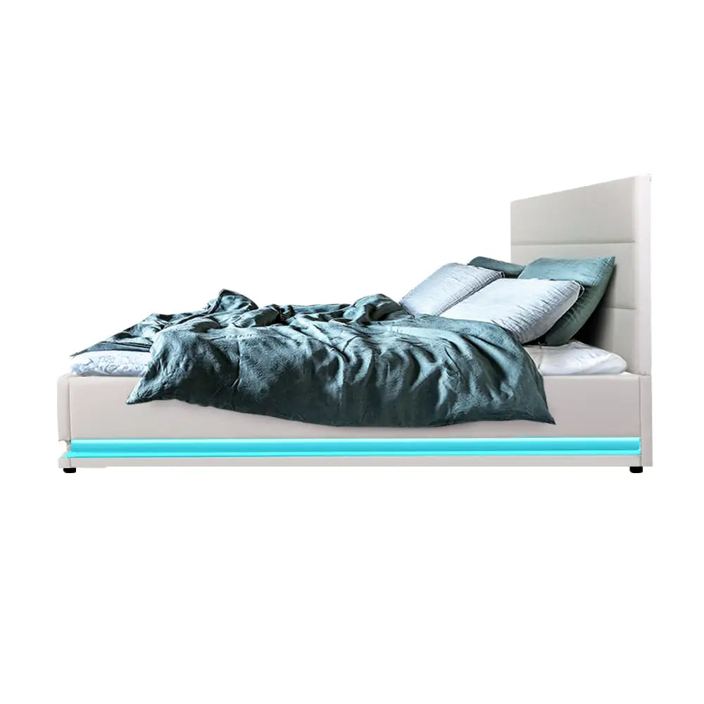 Artiss Bed Frame Double Size LED Gas Lift White LUMI - Furniture > Bedroom