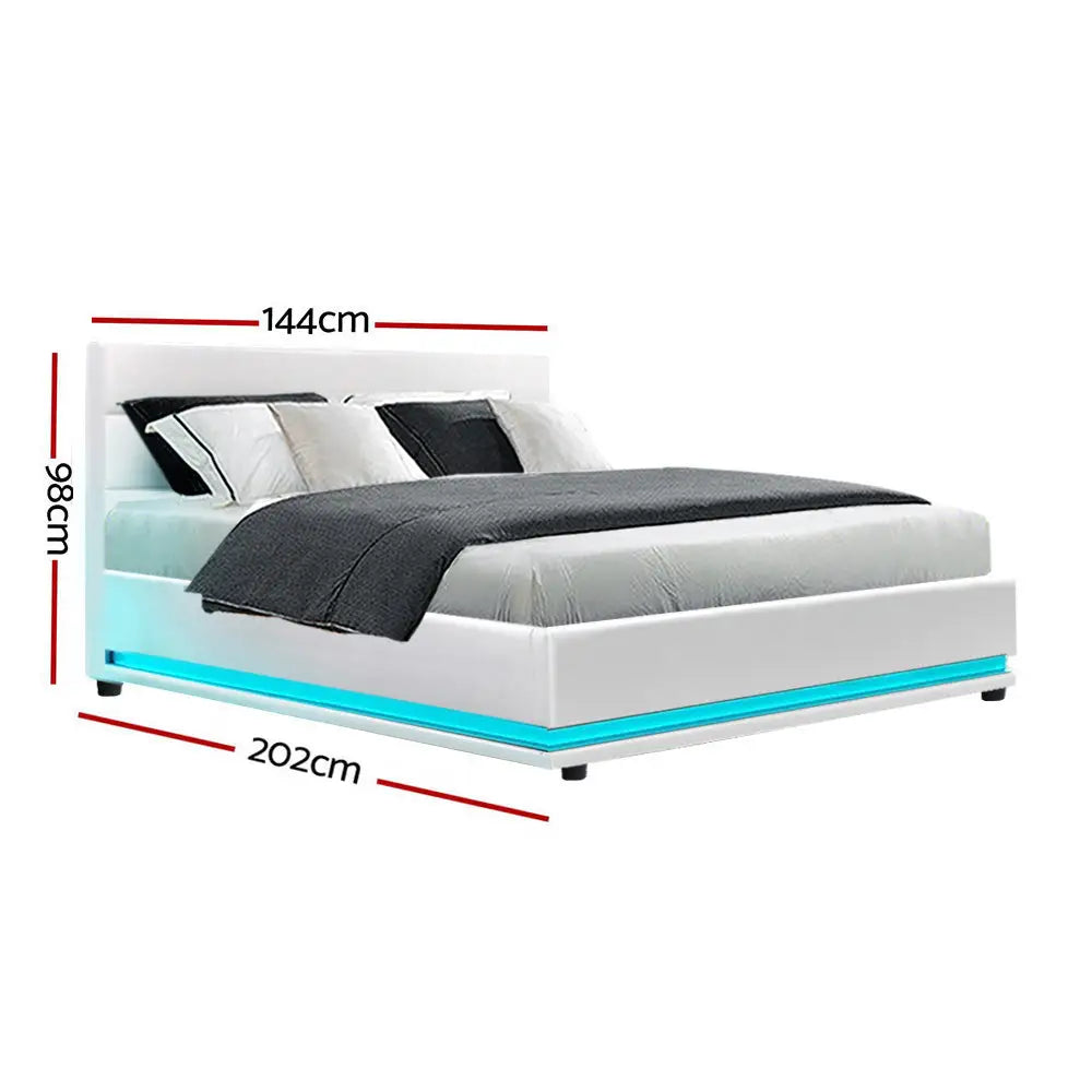 Artiss Bed Frame Double Size LED Gas Lift White LUMI - Furniture > Bedroom