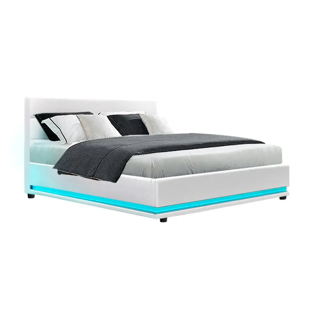 Artiss Bed Frame Double Size LED Gas Lift White LUMI - Furniture > Bedroom