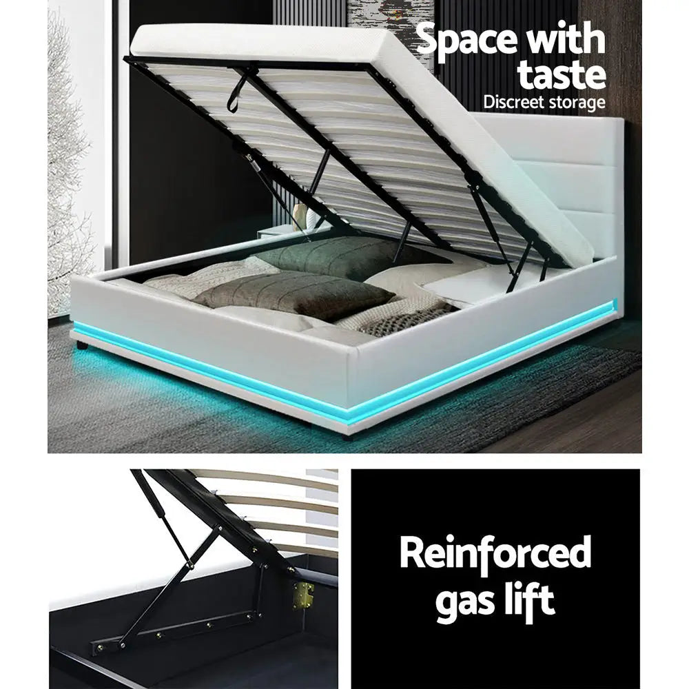 Artiss Bed Frame Double Size LED Gas Lift White LUMI - Furniture > Bedroom
