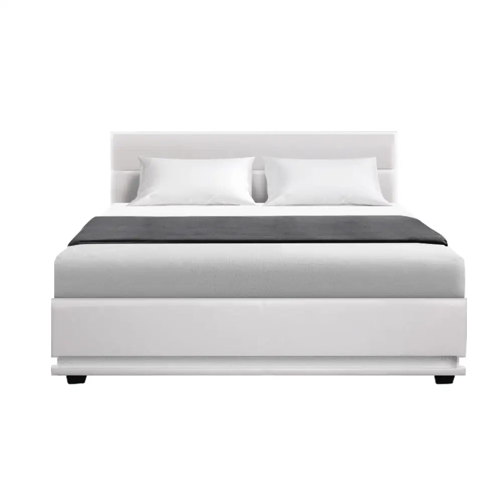 Artiss Bed Frame Double Size LED Gas Lift White LUMI - Furniture > Bedroom