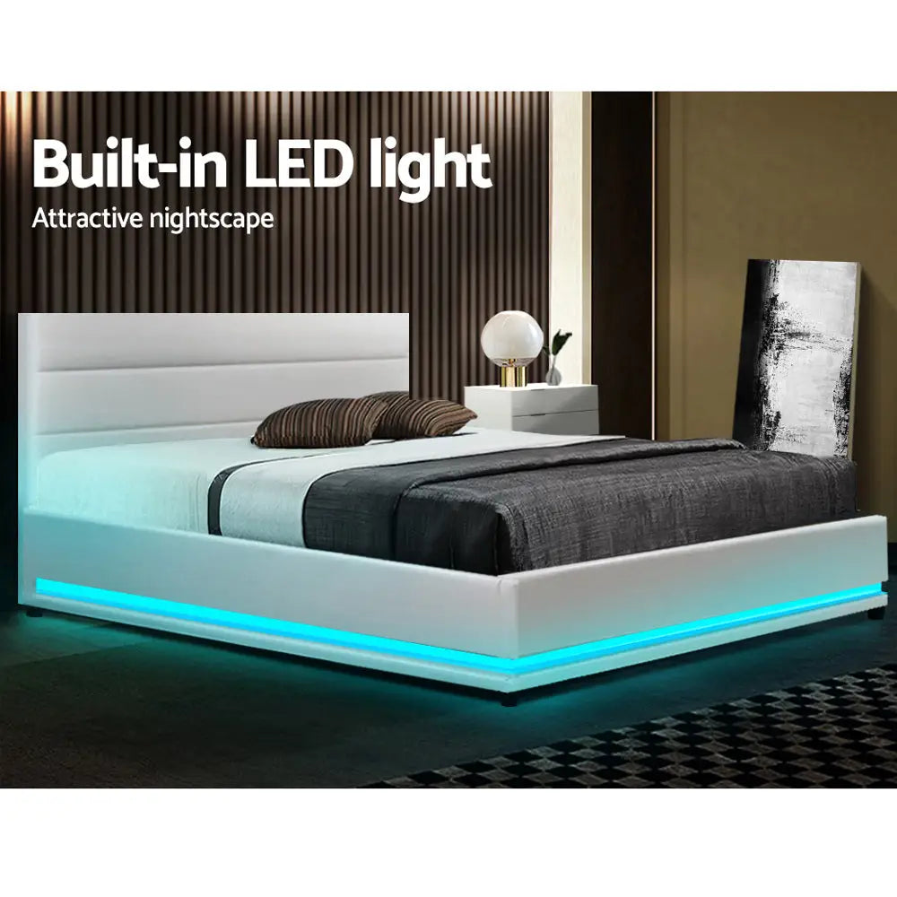 Artiss Bed Frame Double Size LED Gas Lift White LUMI - Furniture > Bedroom