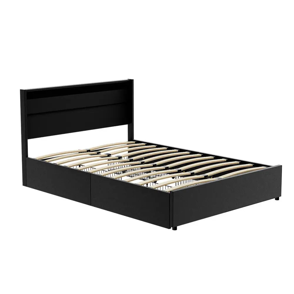 Artiss Bed Frame Double Size LED with 4 Drawers Black DUNN - Furniture > Bedroom > Beds & Bed Frames
