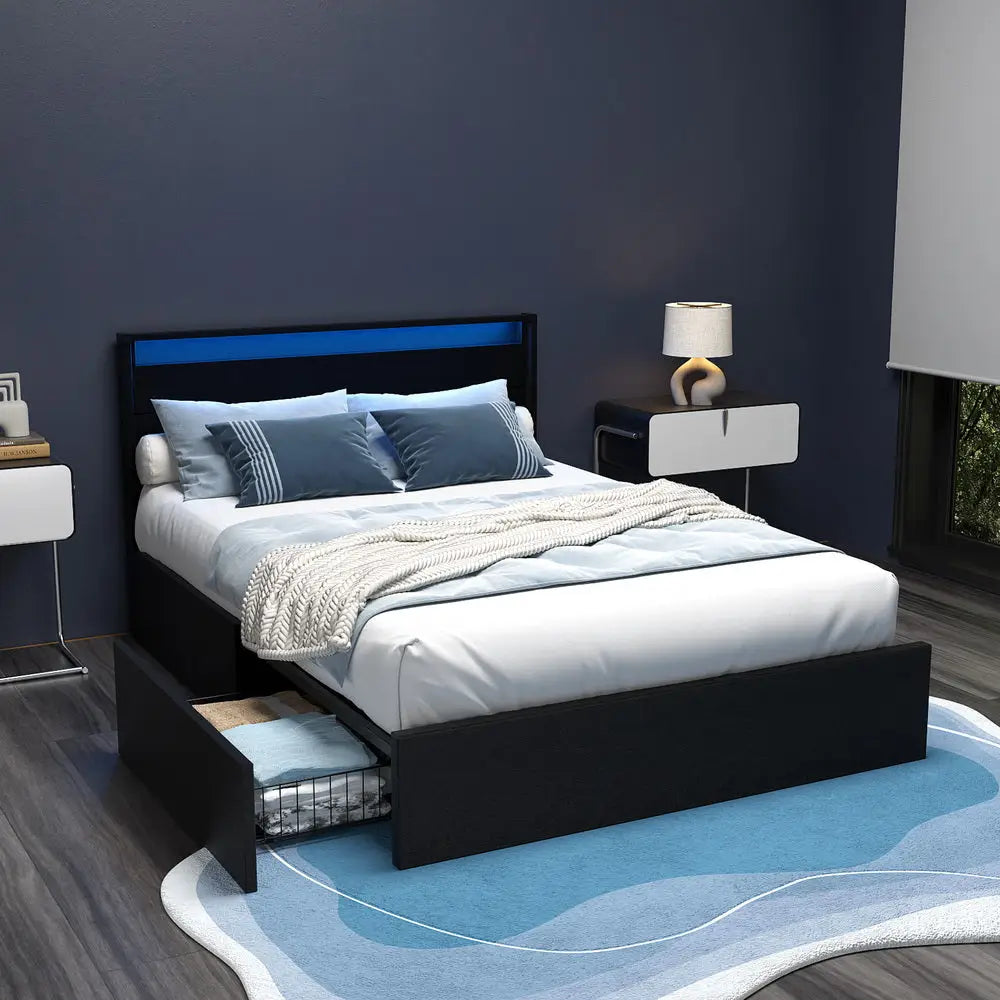Artiss Bed Frame Double Size LED with 4 Drawers Black DUNN - Furniture > Bedroom > Beds & Bed Frames