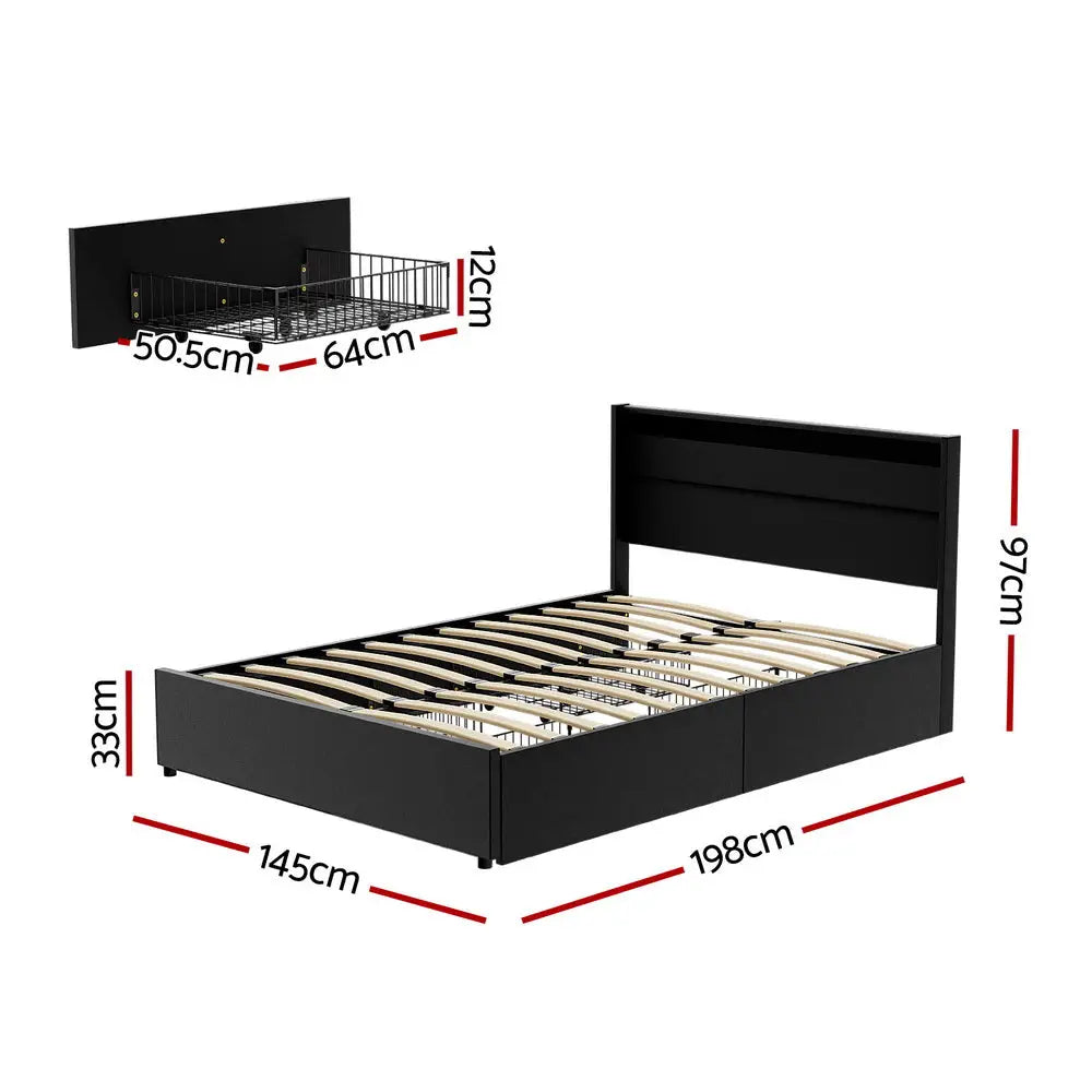 Artiss Bed Frame Double Size LED with 4 Drawers Black DUNN - Furniture > Bedroom > Beds & Bed Frames