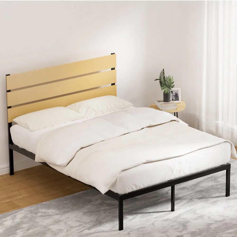 Artiss Bed Frame Double Size Metal Base Mattress Platform Foundation Black PAULA - Furniture > Bedroom