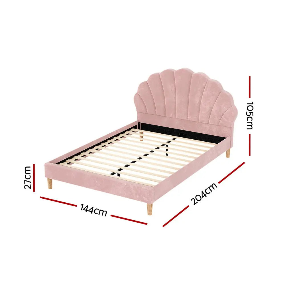 Artiss Bed Frame Double Size Scallop-Shape Bedhead Beds Base Pink Velvet Fabric - Furniture > Bedroom > Beds & Bed