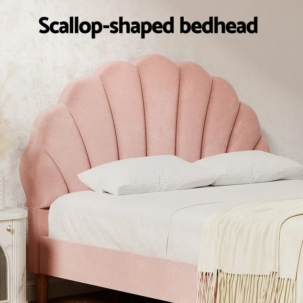 Artiss Bed Frame Double Size Scallop-Shape Bedhead Beds Base Pink Velvet Fabric - Furniture > Bedroom > Beds & Bed
