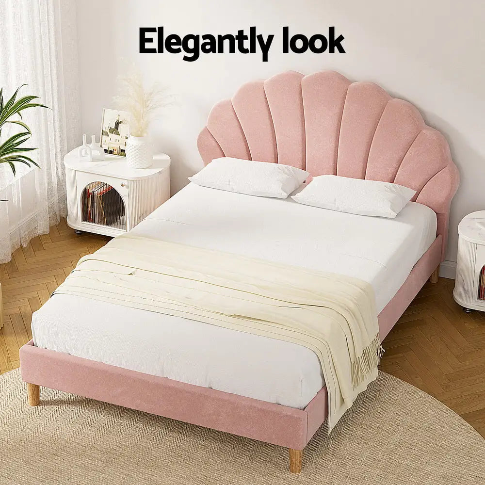 Artiss Bed Frame Double Size Scallop-Shape Bedhead Beds Base Pink Velvet Fabric - Furniture > Bedroom > Beds & Bed