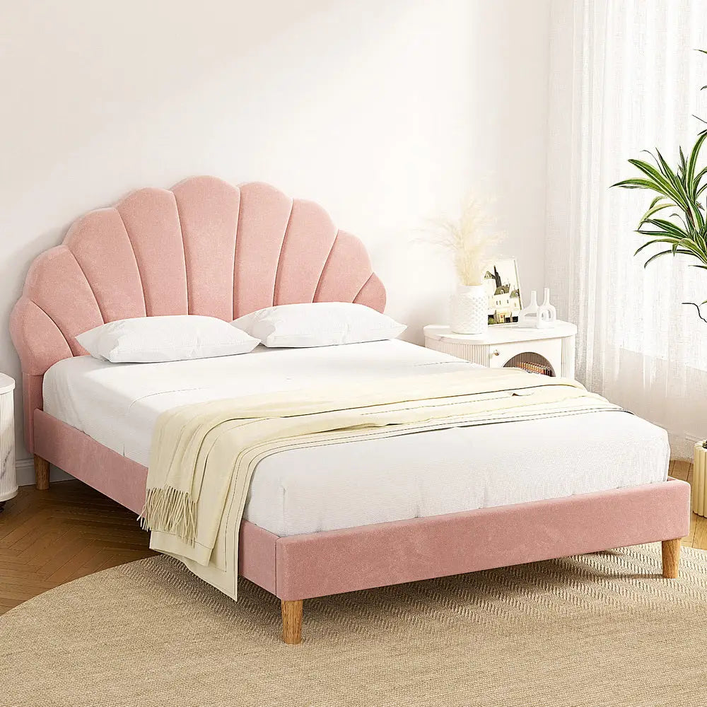 Artiss Bed Frame Double Size Scallop-Shape Bedhead Beds Base Pink Velvet Fabric - Furniture > Bedroom > Beds & Bed