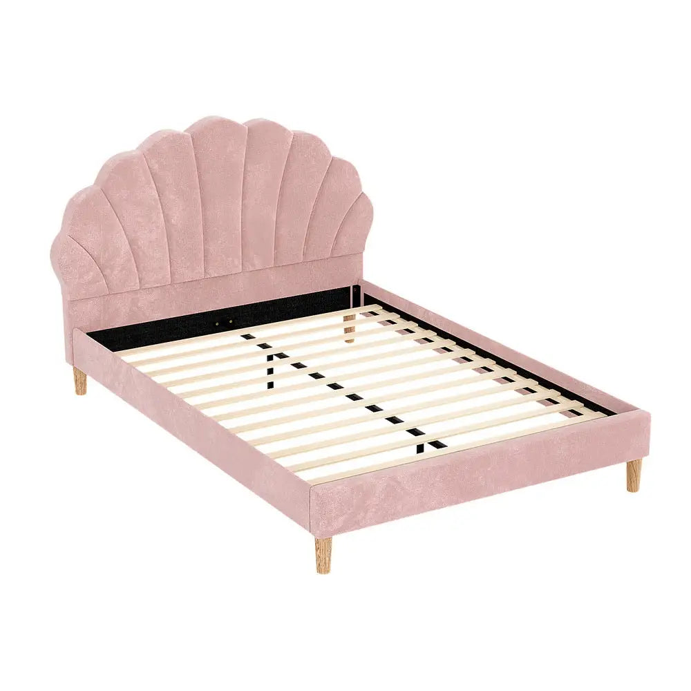 Artiss Bed Frame Double Size Scallop-Shape Bedhead Beds Base Pink Velvet Fabric - Furniture > Bedroom > Beds & Bed