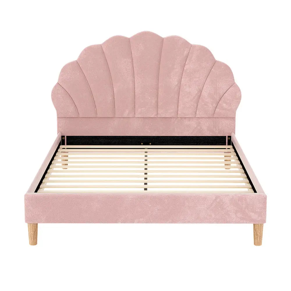 Artiss Bed Frame Double Size Scallop-Shape Bedhead Beds Base Pink Velvet Fabric - Furniture > Bedroom > Beds & Bed