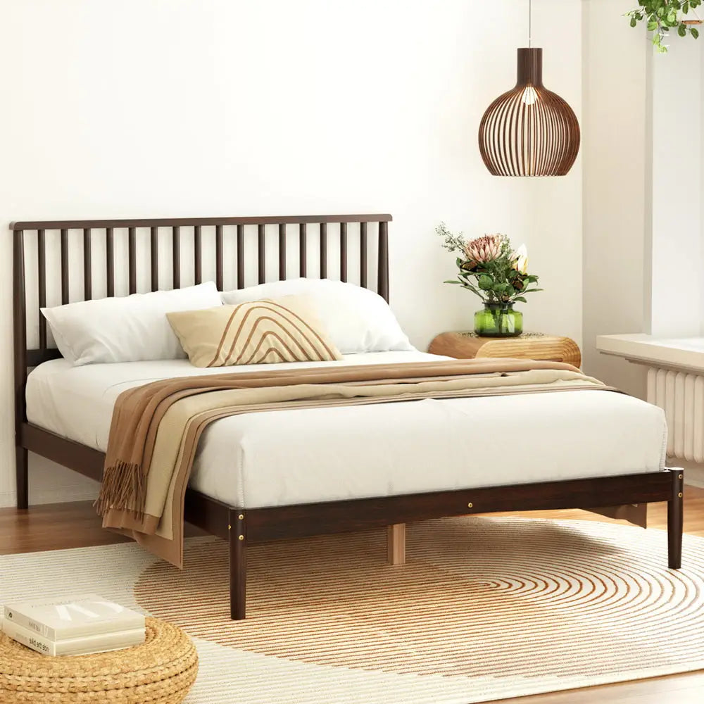 Artiss Bed Frame Double Size Wooden Base Mattress Platform Timber Walnut VISE - Furniture > Bedroom