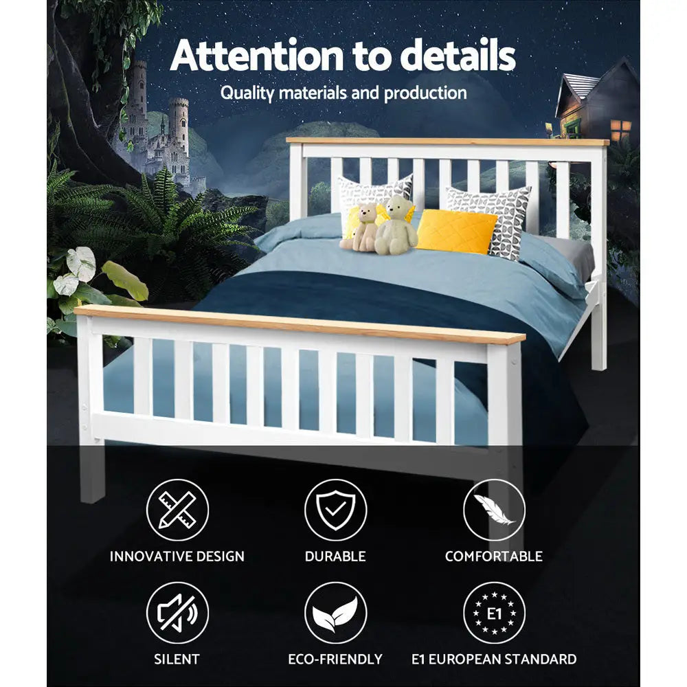 Artiss Bed Frame Double Size Wooden White PONY - Furniture > Bedroom