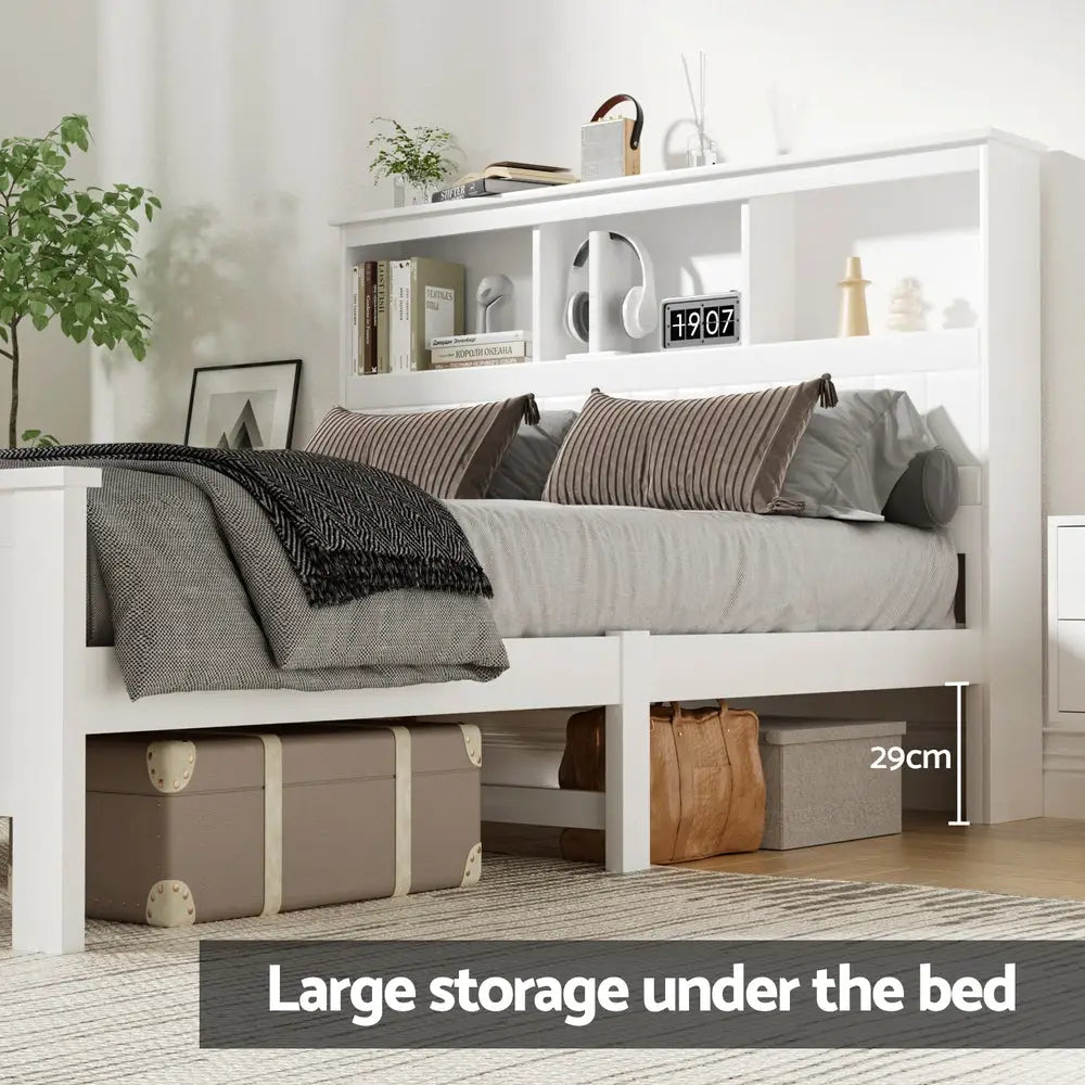 Artiss Bed Frame Double Size Wooden with 3 Shelves Bed Head White - Furniture > Bedroom > Beds & Bed Frames