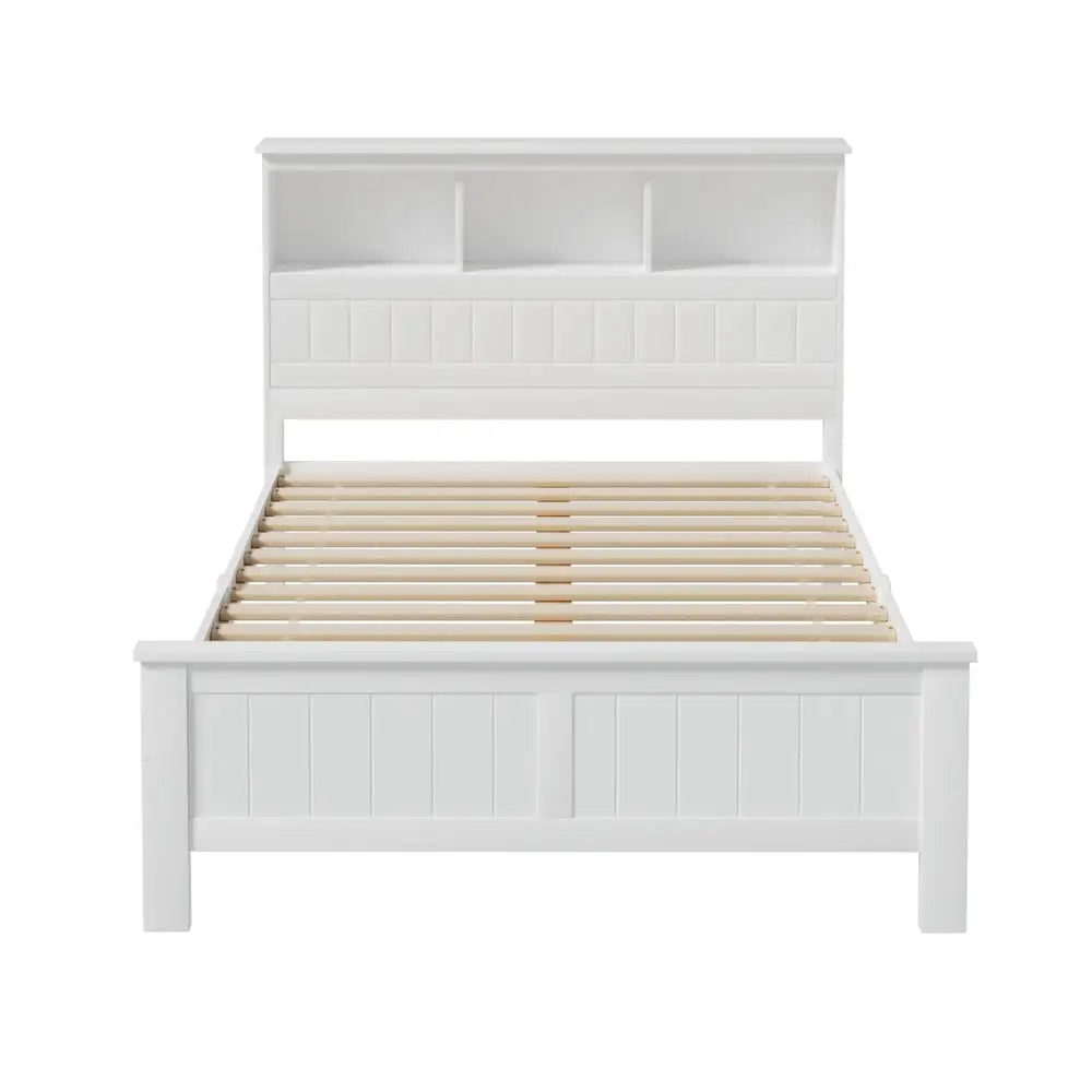 Artiss Bed Frame Double Size Wooden with 3 Shelves Bed Head White - Furniture > Bedroom > Beds & Bed Frames