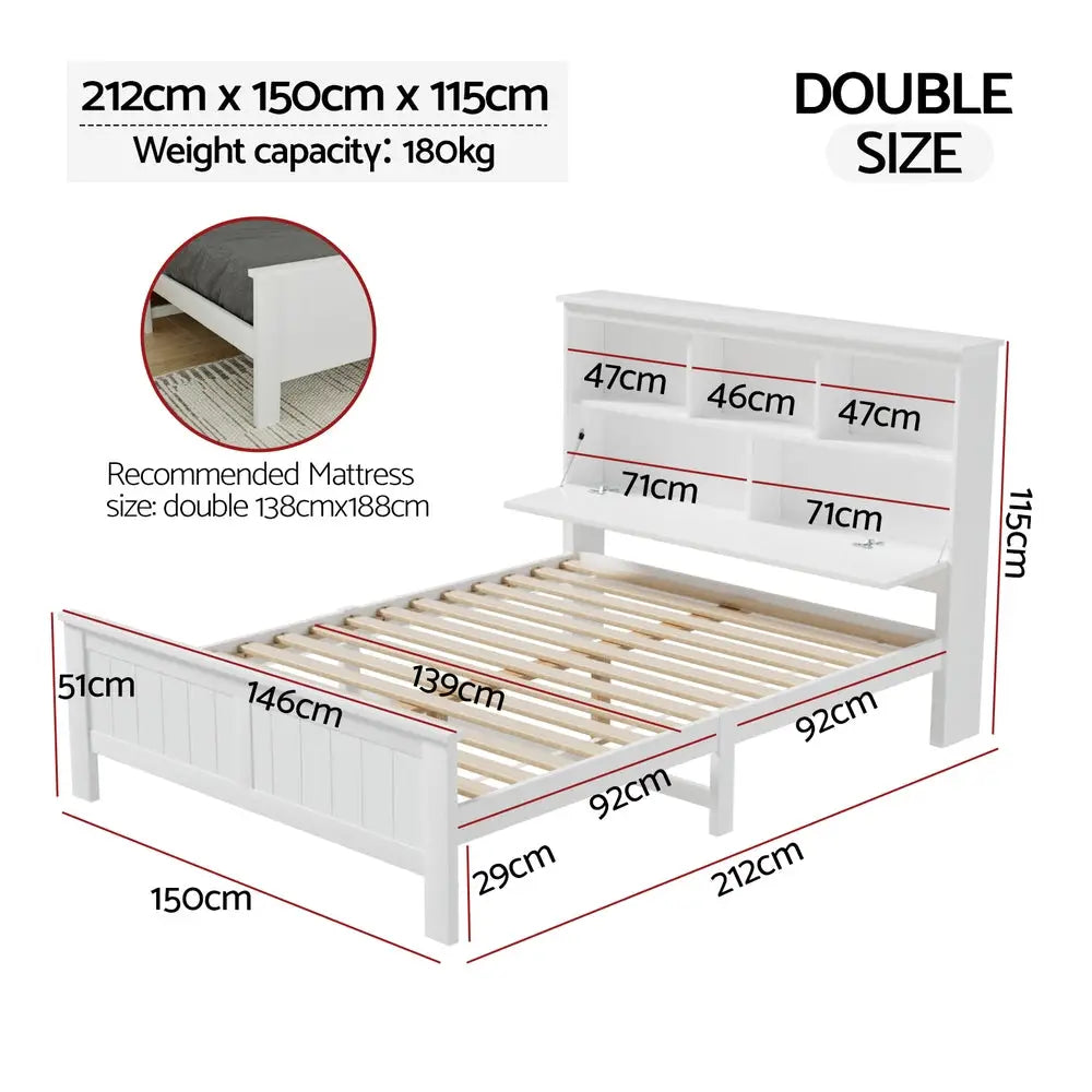 Artiss Bed Frame Double Size Wooden with 3 Shelves Bed Head White - Furniture > Bedroom > Beds & Bed Frames