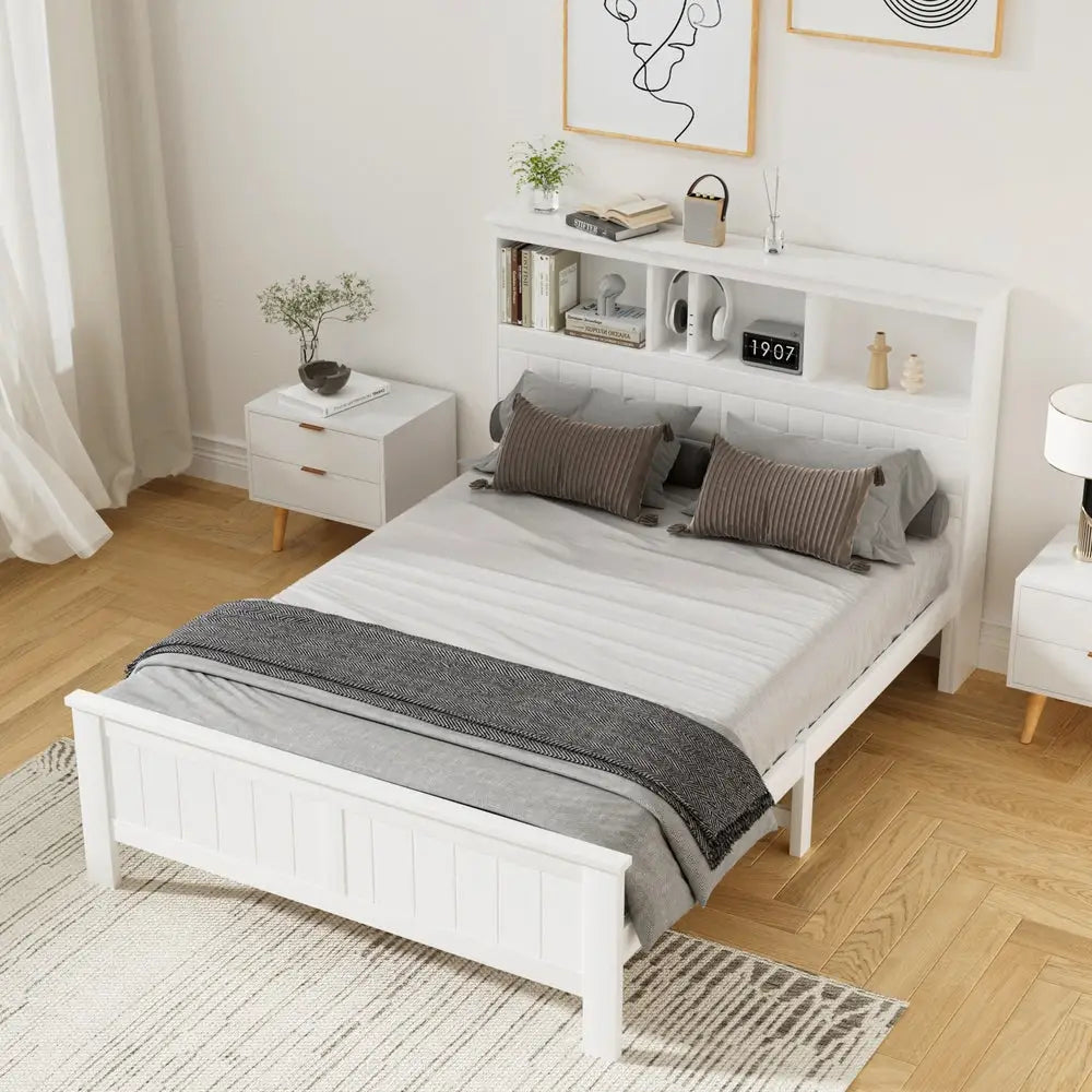 Artiss Bed Frame Double Size Wooden with 3 Shelves Bed Head White - Furniture > Bedroom > Beds & Bed Frames