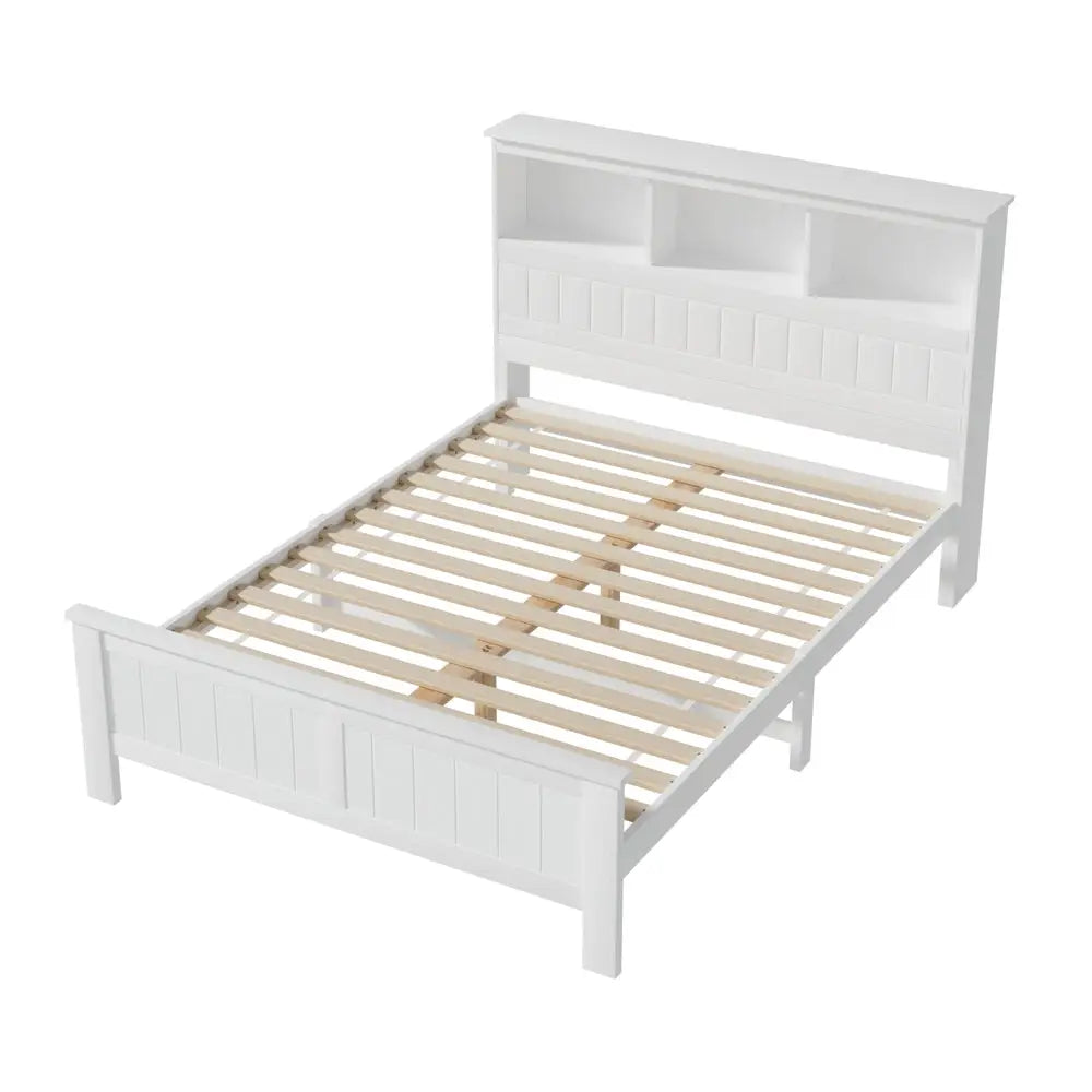 Artiss Bed Frame Double Size Wooden with 3 Shelves Bed Head White - Furniture > Bedroom > Beds & Bed Frames