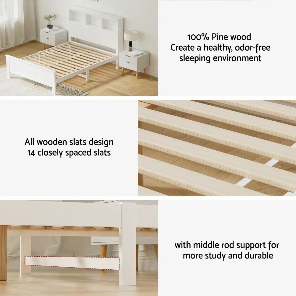Artiss Bed Frame Double Size Wooden with 3 Shelves Bed Head White - Furniture > Bedroom > Beds & Bed Frames