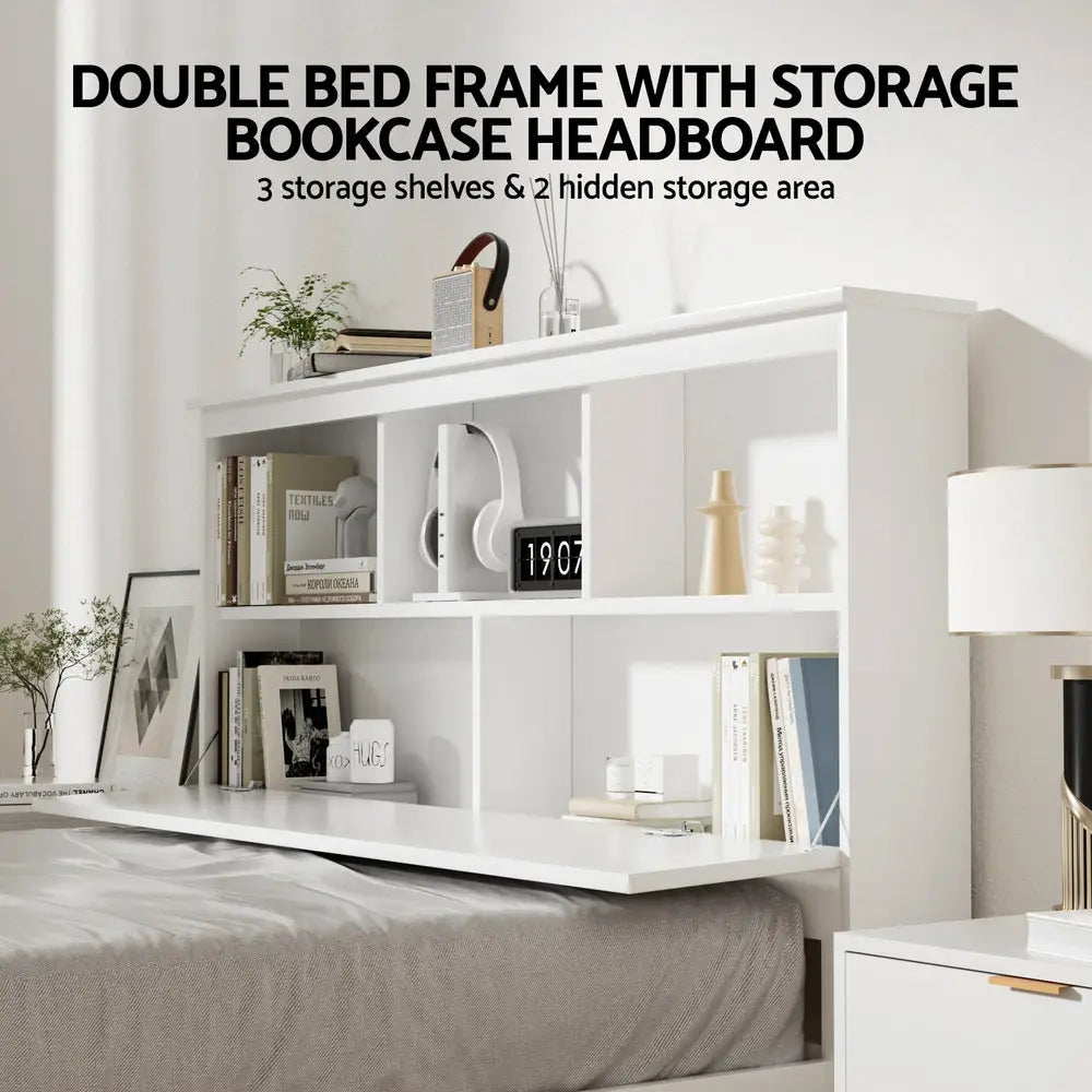 Artiss Bed Frame Double Size Wooden with 3 Shelves Bed Head White - Furniture > Bedroom > Beds & Bed Frames
