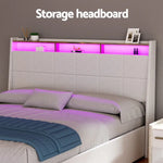 Artiss Bed Frame Gas Lift LED Beds Base Platform White PVC Leather Storage Headboard - Queen - Furniture > Bedroom >