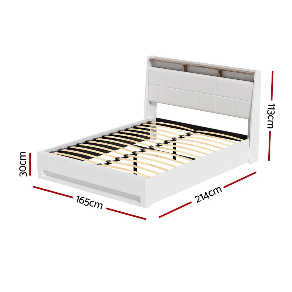 Artiss Bed Frame Gas Lift LED Beds Base Platform White PVC Leather Storage Headboard - Queen - Furniture > Bedroom >
