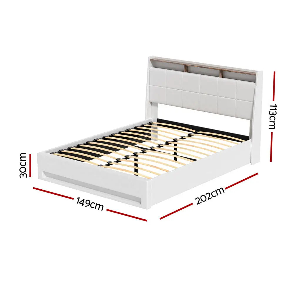 Artiss Bed Frame Gas Lift LED Beds Base Platform White PVC Leather Storage Headboard - Double - Furniture > Bedroom >