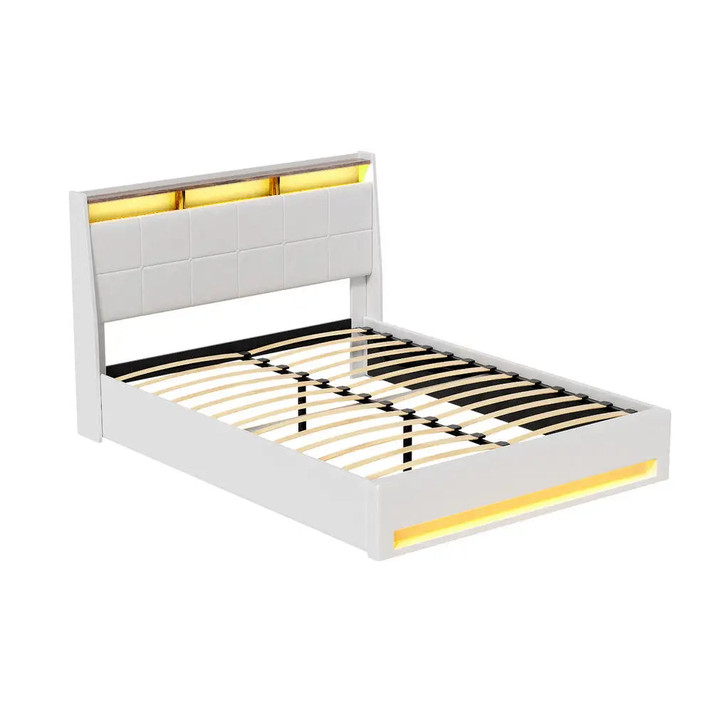 Artiss Bed Frame Gas Lift LED Beds Base Platform White PVC Leather Storage Headboard - Queen - Furniture > Bedroom >