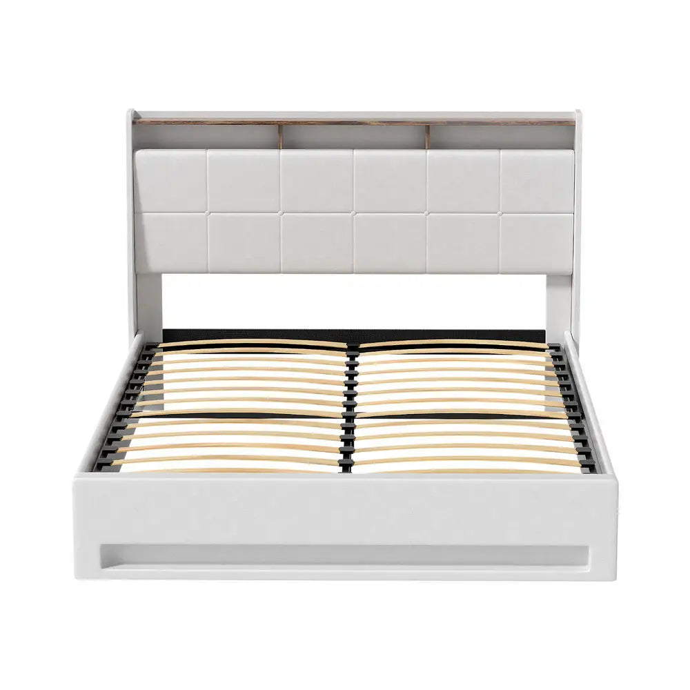 Artiss Bed Frame Gas Lift LED Beds Base Platform White PVC Leather Storage Headboard - Queen - Furniture > Bedroom >