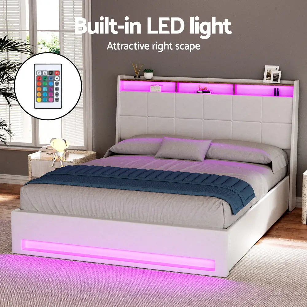 Artiss Bed Frame Gas Lift LED Beds Base Platform White PVC Leather Storage Headboard - Queen - Furniture > Bedroom >