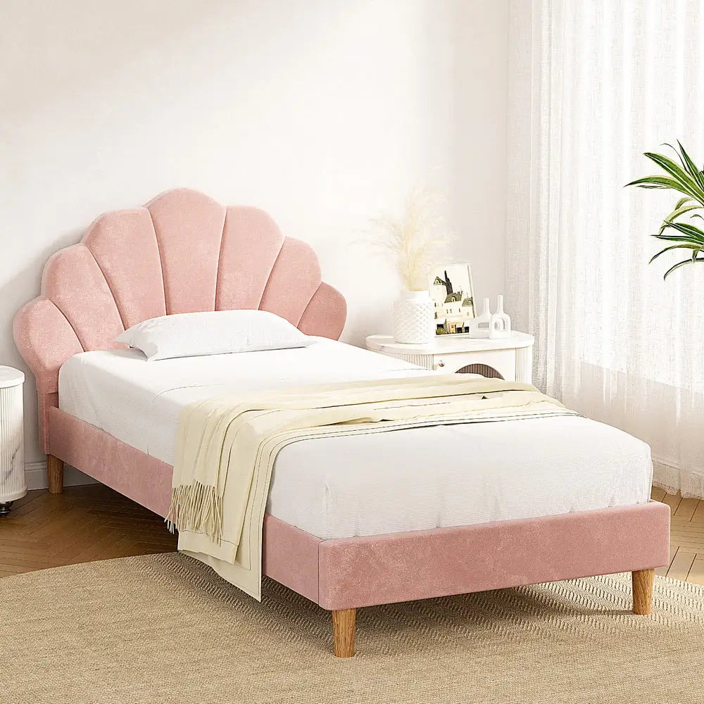 Artiss Bed Frame King Single Size Scallop-Shape Bedhead Beds Base Pink Velvet Fabric - Furniture > Bedroom > Beds & Bed