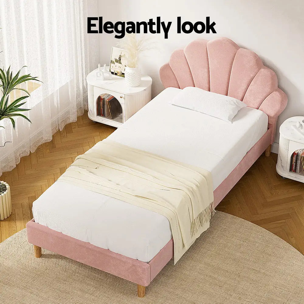 Artiss Bed Frame King Single Size Scallop-Shape Bedhead Beds Base Pink Velvet Fabric - Furniture > Bedroom > Beds & Bed
