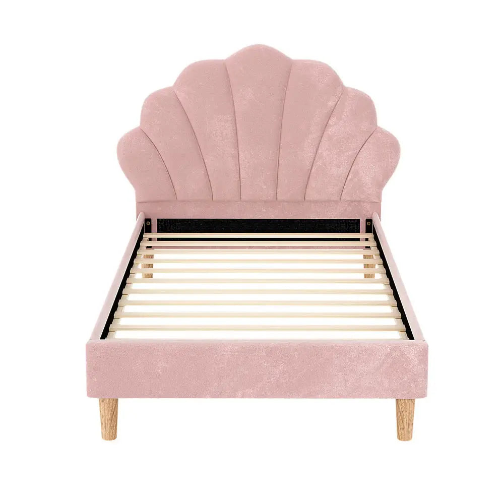 Artiss Bed Frame King Single Size Scallop-Shape Bedhead Beds Base Pink Velvet Fabric - Furniture > Bedroom > Beds & Bed