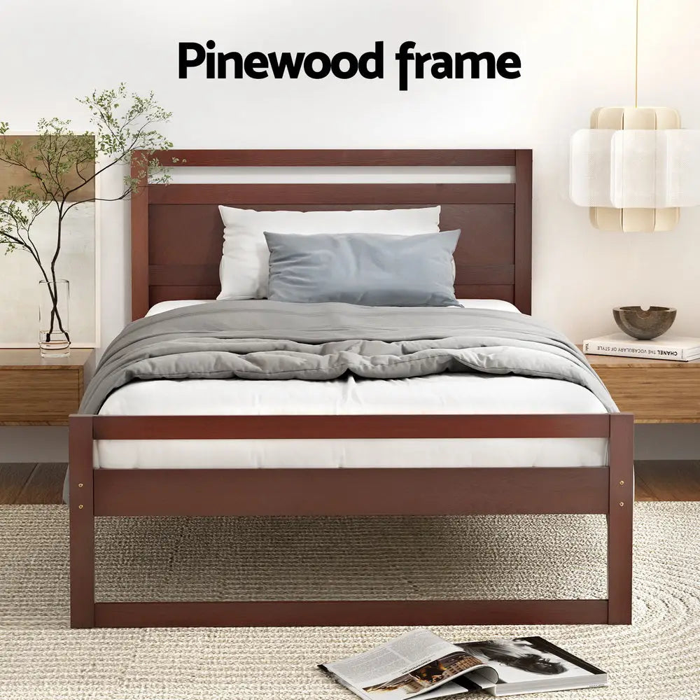 Artiss Bed Frame King Single Size Wooden Walnut WITTON - Furniture > Bedroom