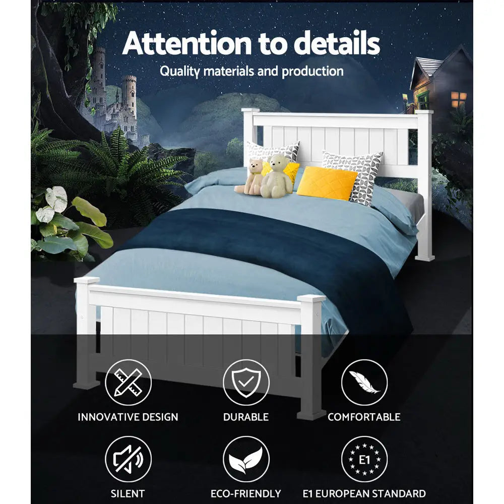 Artiss Bed Frame King Single Size Wooden White RIO - Furniture > Bedroom