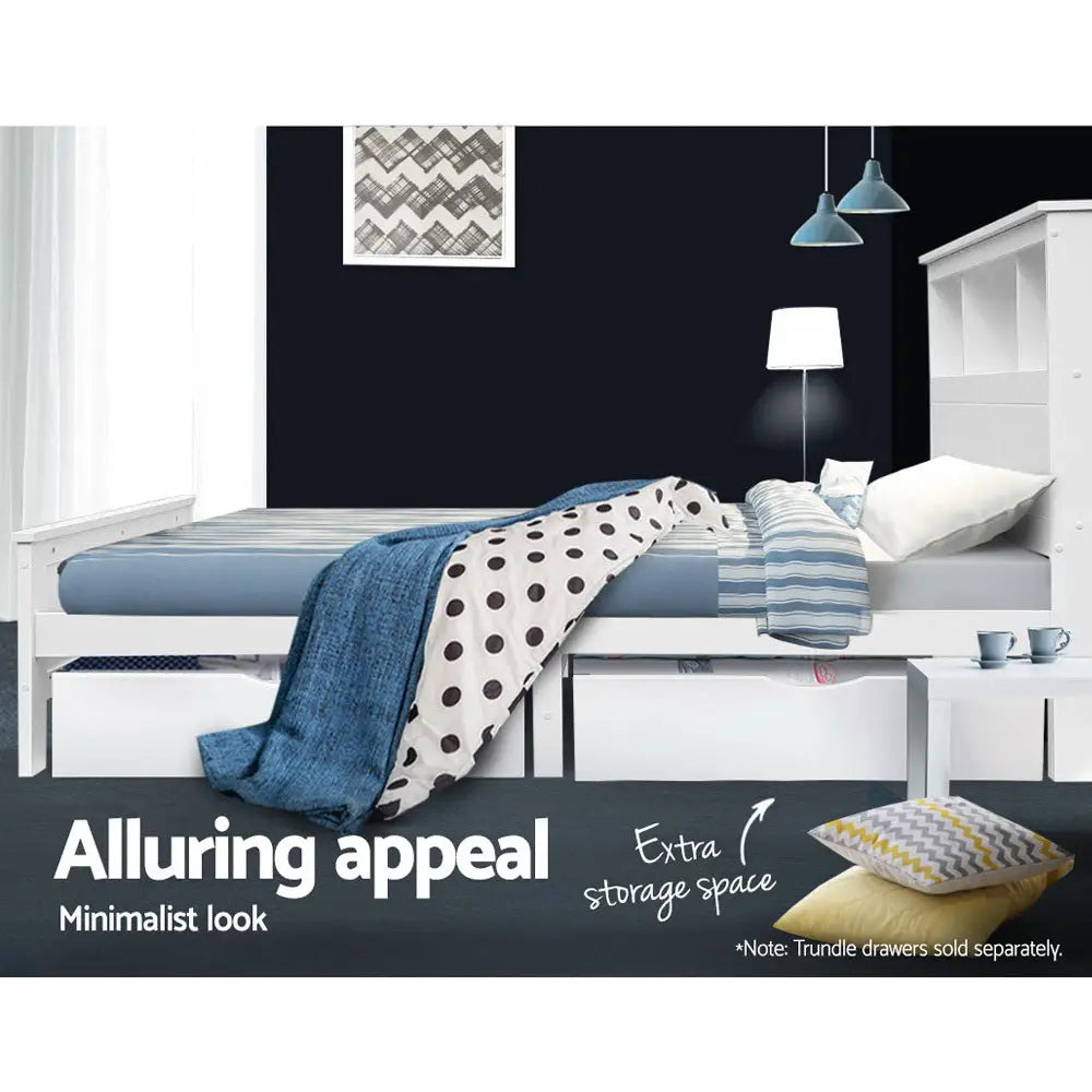 Artiss Bed Frame King Single Size Wooden with 3 Shelves White - Furniture > Bedroom