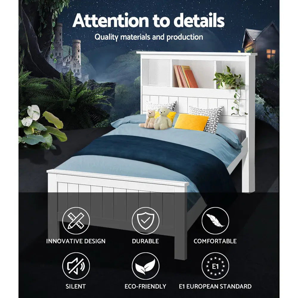 Artiss Bed Frame King Single Size Wooden with 3 Shelves White - Furniture > Bedroom